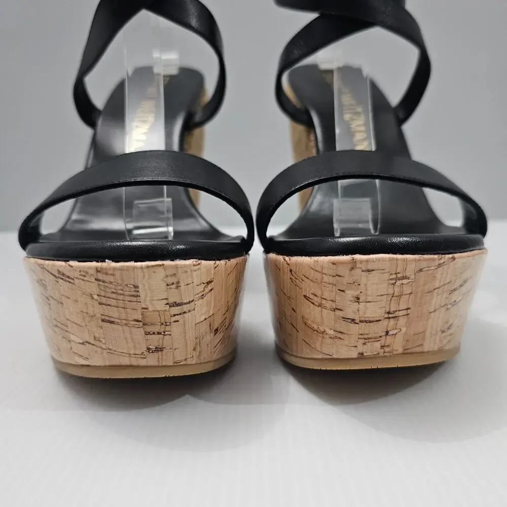 Stuart Weitzman 5050 Espadrille Wedge Platform Sandal 11 Black Leather Cork - Picture 6 of 14